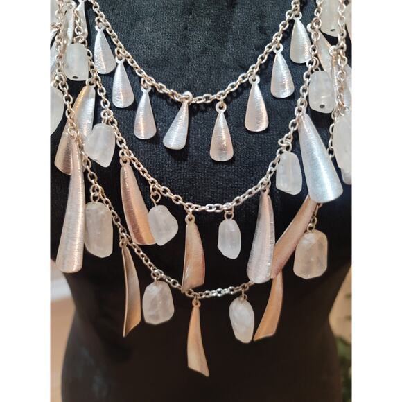 Women's Layered Silver Chain Necklace With Frosted Crystal Drops Lobster Clasp - Picture 3 of 6